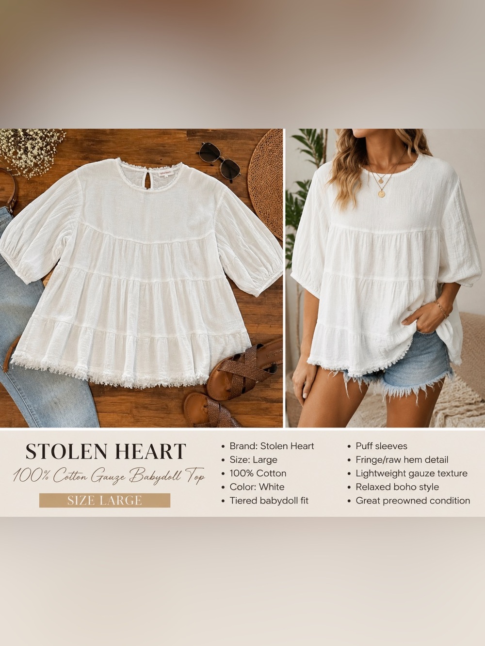 Stolen Hearts White Cotton Gauze Babydoll Top Boho Cottagecore Size Large (v1)